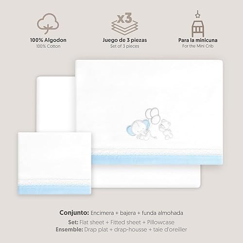 Interbaby Parure de lit bébé en Coton pour Berceau, Motif Ours, éléphant, Ballons - Ensemble 3 pièces, Drap-Housse + Drap Plat + taie d'oreiller - Nail Gallerys