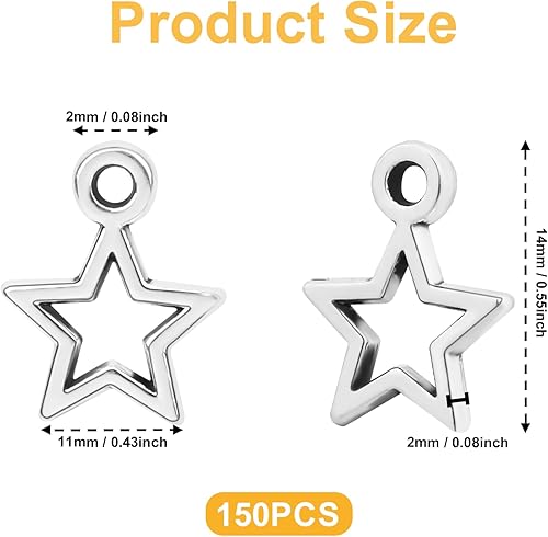 Jeffdad Lot de 150 pendentifs en forme d'étoile en alliage argenté - Breloques creuses en alliage pour bricolage - Breloques à faire soi-même - Pour la fabrication de bijoux et les loisirs créatifs, - Nail Gallerys