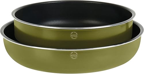 Sitram 715711 Batterie de Cuisine Aluminium Recyclé : 1 sauteuse Ø 24 cm + couvercle en verre + 1 poêle Ø 28 cm Vert Metallisé + manche amovible + 1 feutrine - Tous feux dont induction - Nail Gallerys