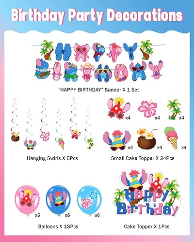 Décorations de fête d'anniversaire Alien de dessin animé – bannière, tourbillons suspendus, ballons, décorations de gâteaux/cupcakes, chien extraterrestre bleu et décorations de fête d'ange - Nail Gallerys