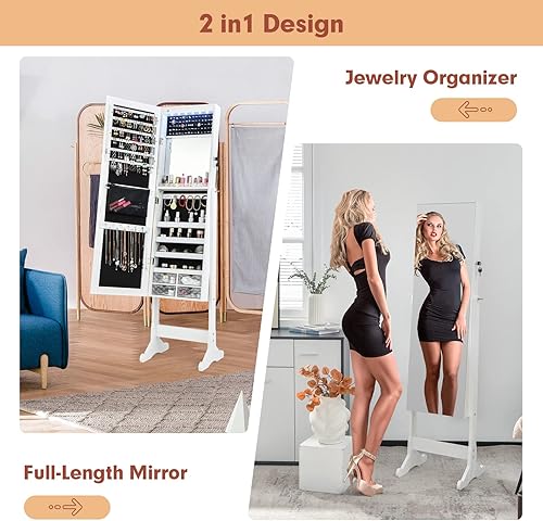 RELAX4LIFE Armoire à Bijoux sur Pieds Inclinable à 4 Angles avec Miroir Pleine Longueur, Organisateur de Bijoux Verrouillable à Clé avec 6 Lumières LED, Miroir Intérieur & 4 Tiroirs, 41X36X158 CM - Nail Gallerys