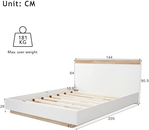 Seyakany Lit 140x 200 avec sommier,Lit Double en Bois,Cadre de lit 2 Personne 140 x 200,Blanc + Chêne(sans Matelas) (A-140) - Nail Gallerys