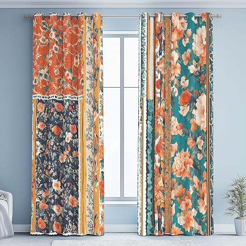 Vintage Boho Cuisine Voilages Intérieurs Motif Floral Patchwork Rideaux Salon Chambre Feuilles de Plantes Occultants Rideau 140L X 240H cm Thermique Isolant Anti Froid Anti Bruit, Lot de 2 à Oeillets - Nail Gallerys