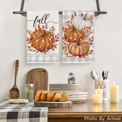 Artoid Mode Lot de 2 torchons de cuisine en polyester Motif carreaux d'érable Orange Citrouilles Automne 42 x 65 cm - Nail Gallerys