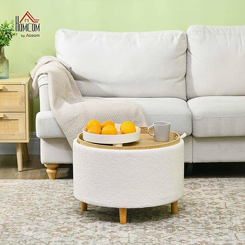 HOMCOM Pouf Ottomane avec Espace de Rangement Pouf Rond rembourré avec Couvercle Rabattable, Pieds en Bois, Moderne, pour Salon, Chambre à Coucher, Blanc, Ø56 x 42 cm - Nail Gallerys