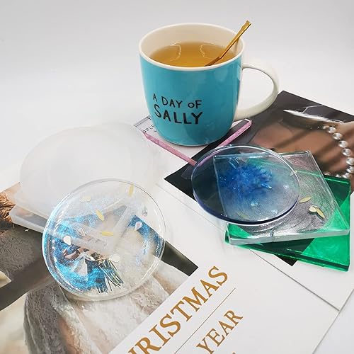 findTop Lot de 10 moules en silicone pour sous-verre, 5 moules ronds et 5 carrés réutilisables en résine pour l'artisanat époxy, ciment, argile polymère, antiadhésive, bricolage - Nail Gallerys