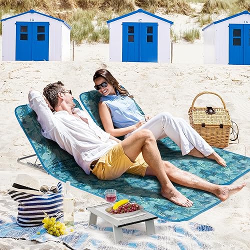 FANTASK Lot de 2 Matelas de Plage avec Table d'appoint, Oreiller, Compartiment de Rangement, Matelas de Couchage avec Dossier réglable, Chaise Longue pour la Plage (Bleu Turquoise) - Nail Gallerys