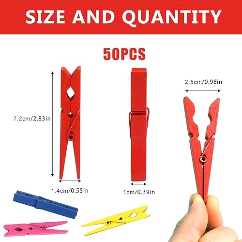 UCLEVER Lot de 50 Large Pinces à Linge en Bois Coloré 7.2 cm Pince à Linge Clips Photo Décoratives pour Bricolage Photos Travaux Manuels Décoration - Nail Gallerys
