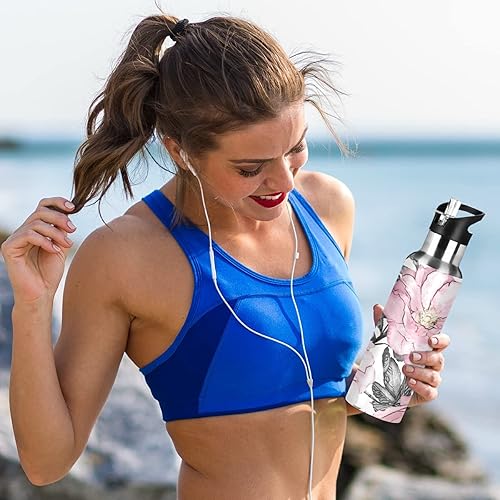 Gourde isotherme en acier inoxydable avec couvercle à paille, motif fleurs roses pastel, 600 ml - Nail Gallerys