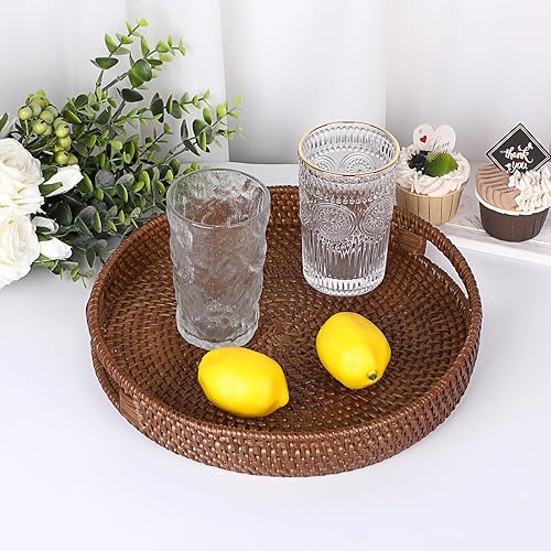 IGNPION Plateau de service décoratif en rotin de 30 cm avec poignée, plateau de rangement pour vaisselle, maquillage, coiffeuse, bijoux, bougies, ornements, blanchi à la chaux - Nail Gallerys