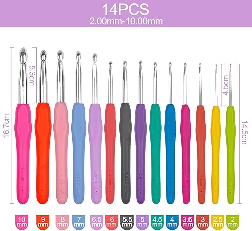 Lestiven 14 Pcs Crochet Set Multicolore, Aiguilles à Crochet Set de 14 Tailles avec Marqueurs de Point et étui Portable, Tricot Aluminium avec TPR Poignées Souples, Crochets à Tricoter pour Débutant - Nail Gallerys