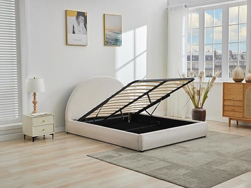 Vente-unique - Lit Coffre 140 x 190 cm - Tissu Bouclette - Crème - LIRIMO - Nail Gallerys