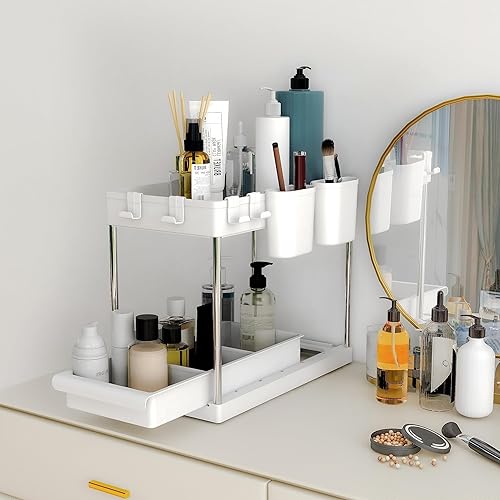 Mondeer Rangement sous Évier, Coulissant Organiseur sous Évier, Multifonctions, 2 Niveaux, 4 Crochets et 2 Porte-Tasses, pour Bureaux Cuisines Salles de Bains, W22 x D40.7 x H32.5cm, Blanc - Nail Gallerys