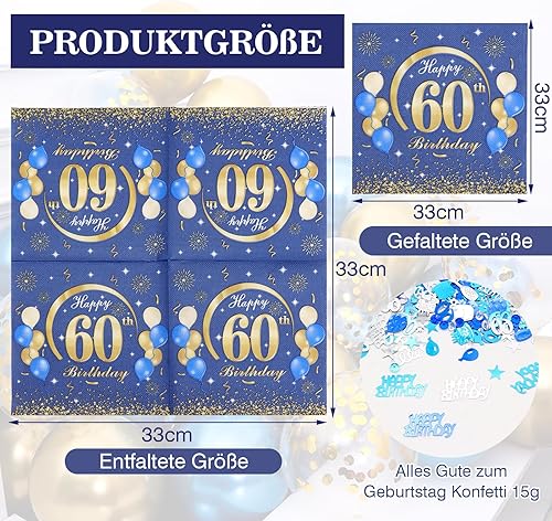 KASURE Lot de 50 serviettes décoratives pour 60e anniversaire garçon avec confettis Happy Birthday, 33 x 33 cm, 60 serviettes de décoration pour fête d'anniversaire, bleu et doré, 60 ans, filles et - Nail Gallerys