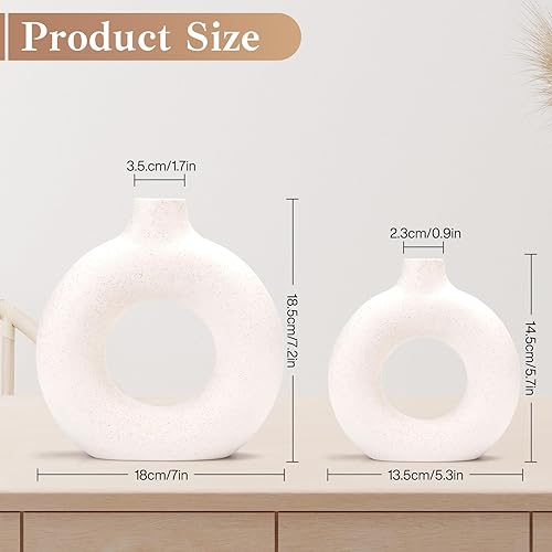 GUHAOOL Vase en Céramique en Donut Blanc, Lot de 2 Vase Céramique Moderne, Vases Ronds Mat pour Herbe de la Pampa pour La Décoration Salon,Chambre à Coucher,Table à Manger,Vase Artisanat Cadeau (M+S) - Nail Gallerys