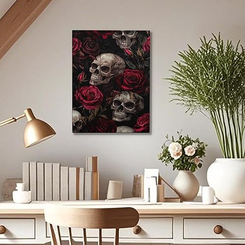 Toile murale – Impression sur toile motif tête de mort et rose – Poster floral rouge foncé – Décoration d'intérieur gothique pour salon, chambre à coucher, bureau – Sans cadre – 40,6 x 50,8 cm - Nail Gallerys