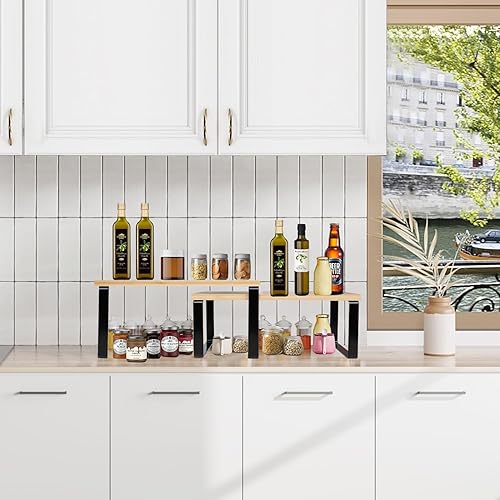 ManGotree Rangement pour Armoire de Cuisine, étagères à épices empilables, Lot de 2 étagères de Rangement pour la Cuisine, étagère de comptoir en Bambou Extensible pour la Cuisine, la Salle à Manger - Nail Gallerys