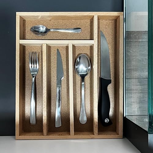 MGE - Plateau À Ustensiles pour Couverts en Bois - Range-Couverts - Organisateur De Tiroir - Boîte De Rangement pour Cuisine - Organisateur de Couvert - 5 Compartiments - 33 x 28 cm - Nail Gallerys