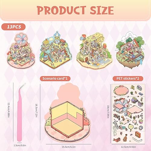 CATOR 4 Sets Autocollants de Scène,3D Stickers Scene Miniature avec Pincette,Amusants Autocollant 3D, 3D House Stickers DIY Mini chalet et jolie scène chaleureuse, pour Adultes, Enfants(B) - Nail Gallerys