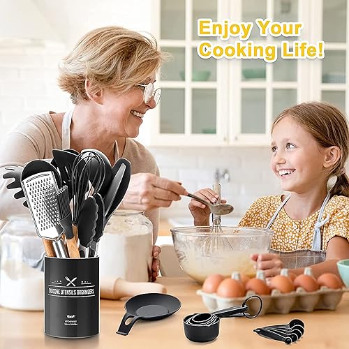 NAUDILIFE Set de 34 ustensiles de cuisine en silicone avec support, poignées en bois, anti-adhésif, meilleur ustensile de cuisine, râpe pour ustensiles de cuisine (noir) - Nail Gallerys