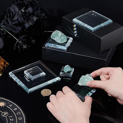 PH PandaHall 6 Pack Base de Présentation en Verre Cristal 6 Taille Supports Cristal Transparent Présentoir Carré Plat Support de Cube Socle pour Figurines Cristaux Collection Bijoux 3/4/5/6/8/10cm - Nail Gallerys