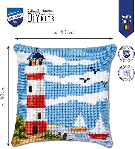 Vervaco Point De Croix Kit Coussin Complet Set LA PLAGE AU PHARE Decoration Manuelle Broderie Kit Adulte Art Creatif Cadeau DIY Cross Stitch Embroidery ca. 40 x 40 cm - Nail Gallerys