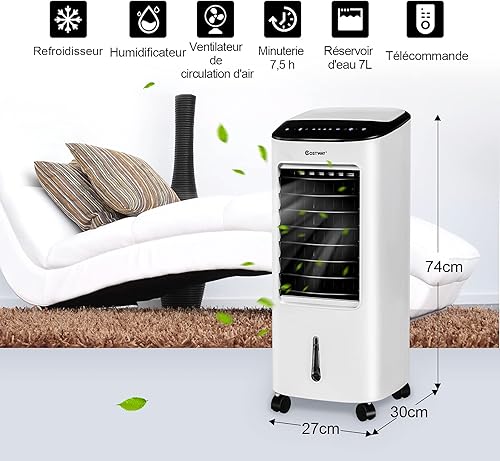 COSTWAY Rafraîchisseur d'Air 4 EN 1,Climatiseur Mobile sans Évacuation 7L, 65W,Auto-Oscillation,Refroidissement,Ventilateur,Humidificateur,Minuterie,Purificateur,Mini Climatiseur Faible Conso - Nail Gallerys