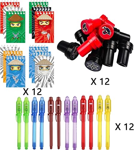 Ninja Kit de petits cadeaux pour anniversaire d'enfant de 6 à 10 ans, 12 stylos UV, 12 carnets, 12 tampons, cadeaux d'anniversaire d'enfants, cadeaux d'invités, remplissage de pinata, décoration - Nail Gallerys
