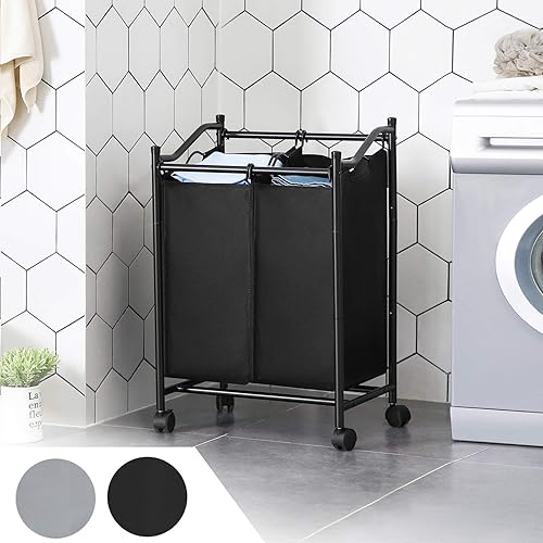 SONGMICS Chariot panier à linge de double Sac, Corbeille à linge avec Roulettes, Panier à linge avec Sac Indépendant, Volume totale 90L, Noir LSF002BK - Nail Gallerys