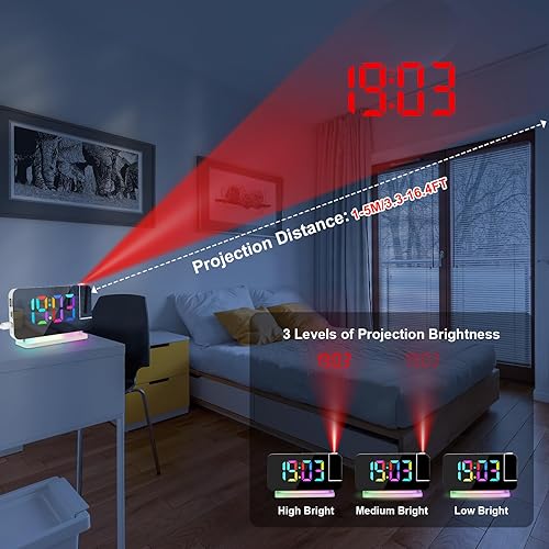 Aytop Reveil Projecteur, Horloge Numérique avec Projecteur 180 Réveil Miroir avec Écran Miroir LED 7'' Port de Charge USB 6 Luminosités Réglables Snooze 12/24H Réveil pour Chambre à Coucher Bureau - Nail Gallerys