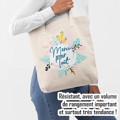 Zinello Design - Tote Bag en Coton Réutilisable avec Message 'Merci pour tout' – Sac Cabas Écologique Idéal pour Courses, Cadeau d'Appréciation, Professeurs, Amis, Famille – Grand Format, Lavable - Nail Gallerys