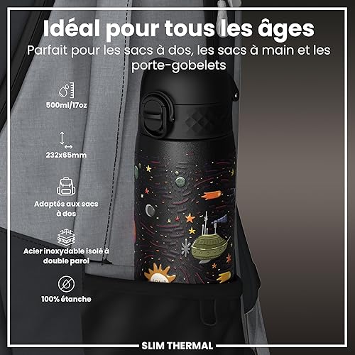 ION8 Gourde Isotherme Inox, 500ml, Anti-Fuite, Facile à Ouvrir, Verrouillage Sécurisé, Lavable au Lave-Vaisselle, Poignée de Transport, Facile à Nettoyer, Acier Inoxydable, Motif Espace - Nail Gallerys