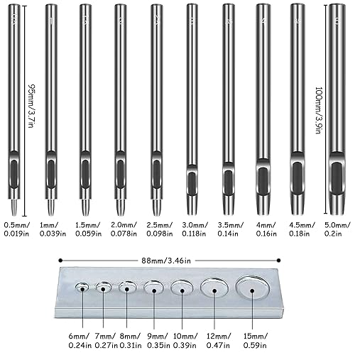 Poinçon Creux en Cuir Acier Perforateur de Ceinture Ronde Poinçon à Trou Creux en Cuir 0,5mm - 5mm Pour Cuir Bande de Montre Toile Oeillet (Métal) 10PCS avec Base - Nail Gallerys