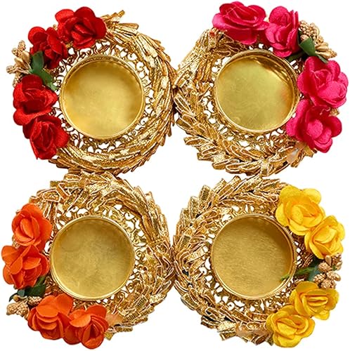 Set of 4 Flower T Light Holder Candle Stand Tealight T-Light Holders for Indian Traditional Festival Decorations Lighting Accessories Wedding Home Decor(Without Wax)(Size:-3')(Colorful) - Nail Gallerys