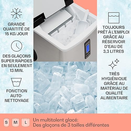 Klarstein Mr. Black-Frost - Machine à glaçons 3,3 L, 15 kg/24 h, Ice Maker 150W, 3 tailles, 6-15 mn, Machine à distributeur de glaçons avec Minuterie, Heure, Ecran LCD, Discret, Inox, Noir - Nail Gallerys