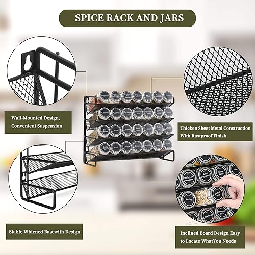 GOI Rangement Épices Cuisine Avec 28 Pots à Épices 4 Niveaux 386 Étiquettes d'Épices, Marqueur Craie et Ensemble d'Entonnoirs pour Placard, Plan de Travail, Garde-Manger ou à Suspendre sur Murs - Nail Gallerys