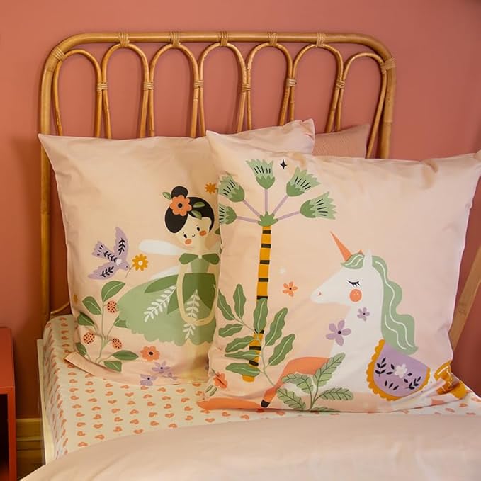 Parure de lit imprimée bi-histoire 140x200 cm enfant - Housse de Couette 140x200 cm + 1 Taie d'oreiller 63x63 cm motif imprimé dame et licorne rose et bleu – Sets de housse de couette en coton - Nail Gallerys