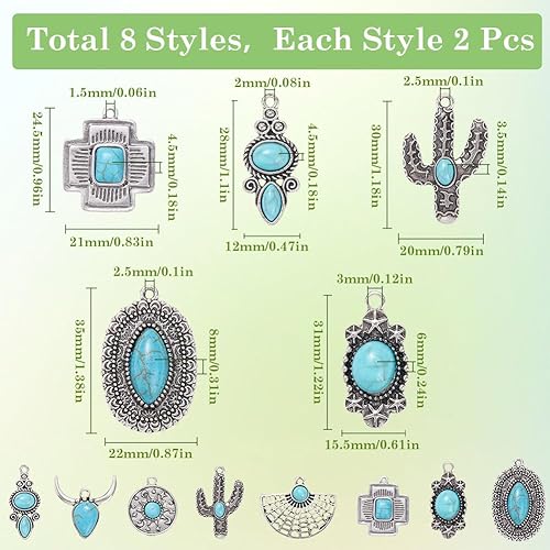SUNNYCLUE 1 boîte 16 pièces Breloques Turquoise Breloques Cowboy Argent Antique en Alliage de Pierres Précieuses Synthétiques Cowboy Cactus Croix Bohème Breloque pour la Fabrication de Bijoux Breloque - Nail Gallerys