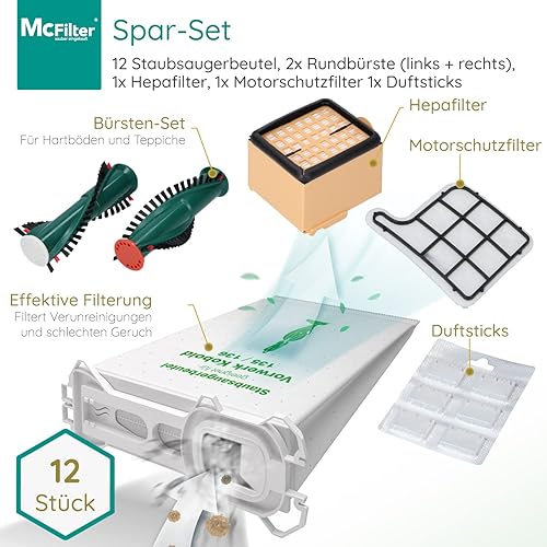 McFilter | Set d'accessoires 15 pièces adapté au Vorwerk Kobold VK 135, 136, 135SC, 12 sacs à poussière comme FP135 FP136 FP135 SC, 1 filtre HEPA, 1 filtre de protection moteur, type VO 8335 - Nail Gallerys