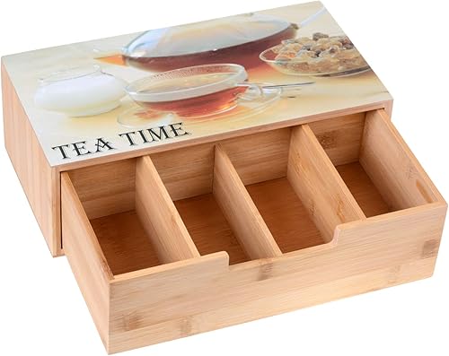 GRÄWE Boîte à thé en bambou avec 6 compartiments, couvercle rabattable, fenêtre transparente, boîte à sachets de thé pour conserver les arômes - 21 x 16 x 7,5 cm - Nail Gallerys