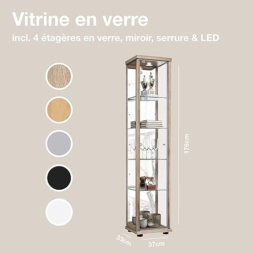 K-Möbel Armoire vitrine Verre(176x37x33cm) - Fabriqué en Allemagne - armoires vitrées de présentation Chêne Sonoma avec 4 étagères en Verre réglables, Miroir, Serrure & LED - vitrine Exposition - Nail Gallerys
