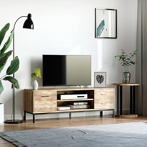 HOMCOM Meuble TV Meuble télé Bois Banc TV pour téléviseur jusqu'à 50 Pouces avec Placard 2 tiroirs 2 niches 2 Passe-câbles pour Salon Salle à Manger Chambre à Coucher, 132 x 39 x 45,5 cm Gris Noir - Nail Gallerys