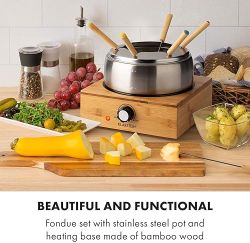 KLARSTEIN Bambus - fondue, 800 W, caquelon en inox, base en bambou, capacité 1,3 L max., plaque chauffante en inox, thermostat, support de fourchette, 6 fourchettes à fondue en inox - bambou - Nail Gallerys