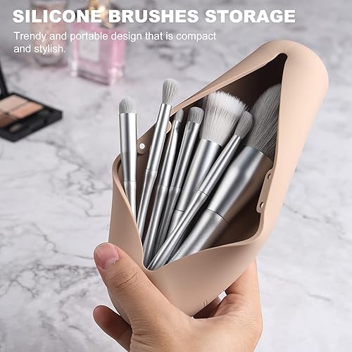 FVION Porte Pinceaux, Étui à Pinceau de Maquillage en Silicone, Support de Maquillage de Voyage avec Fermeture Magnétique - Kaki - Nail Gallerys