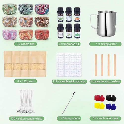 Kit Bougie a Faire Soi Meme Adulte, DIY-Kit de Fabrication de Bou gies, Bou gie avec Cire de Soja de 480g, 9 boîtes à bougies, 6 Huiles Parfumées, 100 Meches, 112 Autocollants - Nail Gallerys