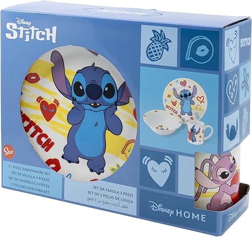 Set de vaisselle pour enfant avec assiette, bol et tasse en céramique dans une boîte cadeau Stitch - Nail Gallerys