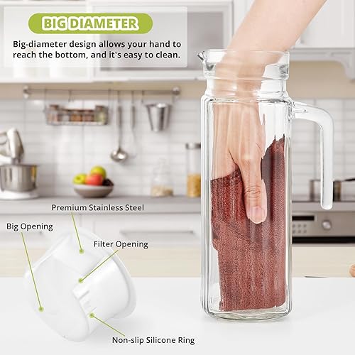 LIMILI Lot de 2 carafes à eau en verre pour réfrigérateur (1,1 litre) avec couvercles avec design nervuré et bec verseur anti-déversement, pichet transparent pour eau chaude/froide, thé, café, lait et - Nail Gallerys