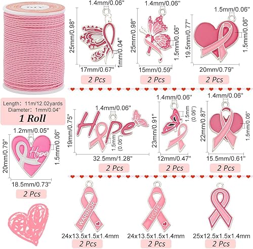 PH PandaHall 20pcs Breloques de Sensibilisation au Cancer du Sein Pendentifs en Ruban Rose Breloques de Sensibilisation au Cœur en Émail Pendentifs Papillon Espoir avec Cordon pour Bracelet Bijoux - Nail Gallerys