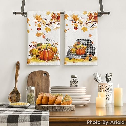 Artoid Mode Lot de 2 torchons de cuisine en forme de citrouilles - Feuilles d'érable - Camion - Automne - 42 x 65 cm - Décoration saisonnière - Nail Gallerys