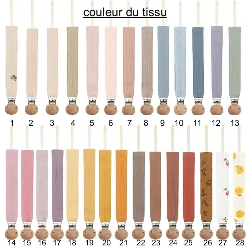 attache tétine personnalisé prénom fille garçon- en gaze de coton bio-attache en bois- 28 couleurs de tissu au choix - Nail Gallerys